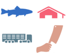 Forellen-, Stall-, Transporter- und Hand-mit-Beil-Silhouette als Icon für Haltung, Transport und Schlachtung Regenbogenforelle