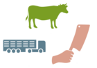 Rinder-, Transporter und Hand-mit-Beil-Silhouette als Icon für Transport und Schlachtung Rind