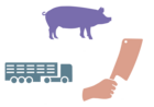 Schweine-, Transporter- und Hand-mit-Beil-Silhouette als Icon für Transport und Schlachtung Schwein